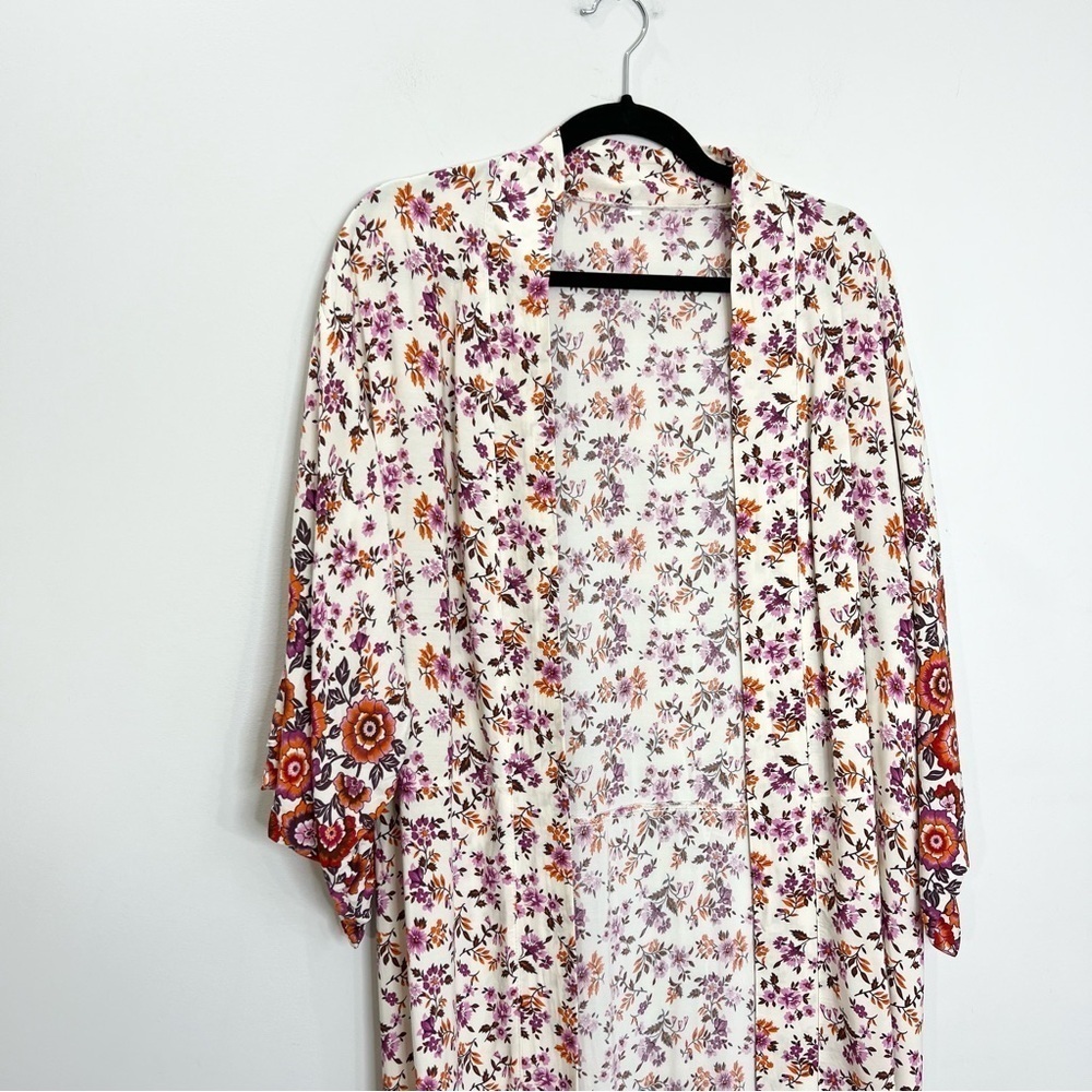 Beige boho cottagecore cotton floral kimono sleeve jacket duster robe - Picture 6 of 13